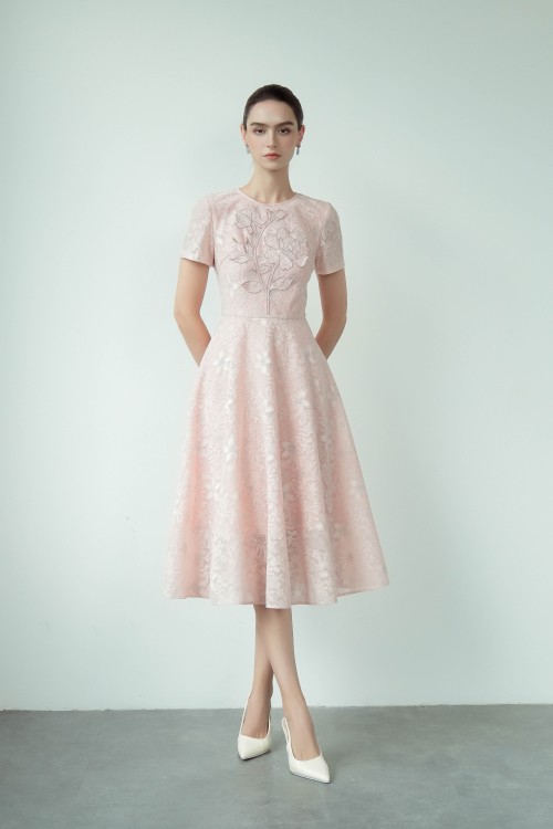 Sixdo Light Pink 3D Flower Lace Flared Dress